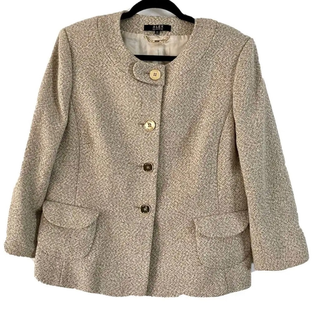 NWT Alex Marie Women’s Tan Wool Blend Blazer Gold Buttons Size 8